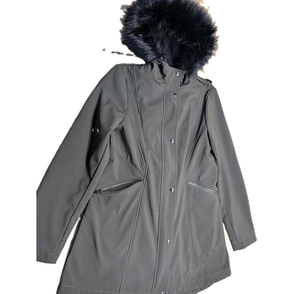 Sam Edelman Women's Jacket Size M Olive Green Hood & Black Fur Detail Zip & Snap